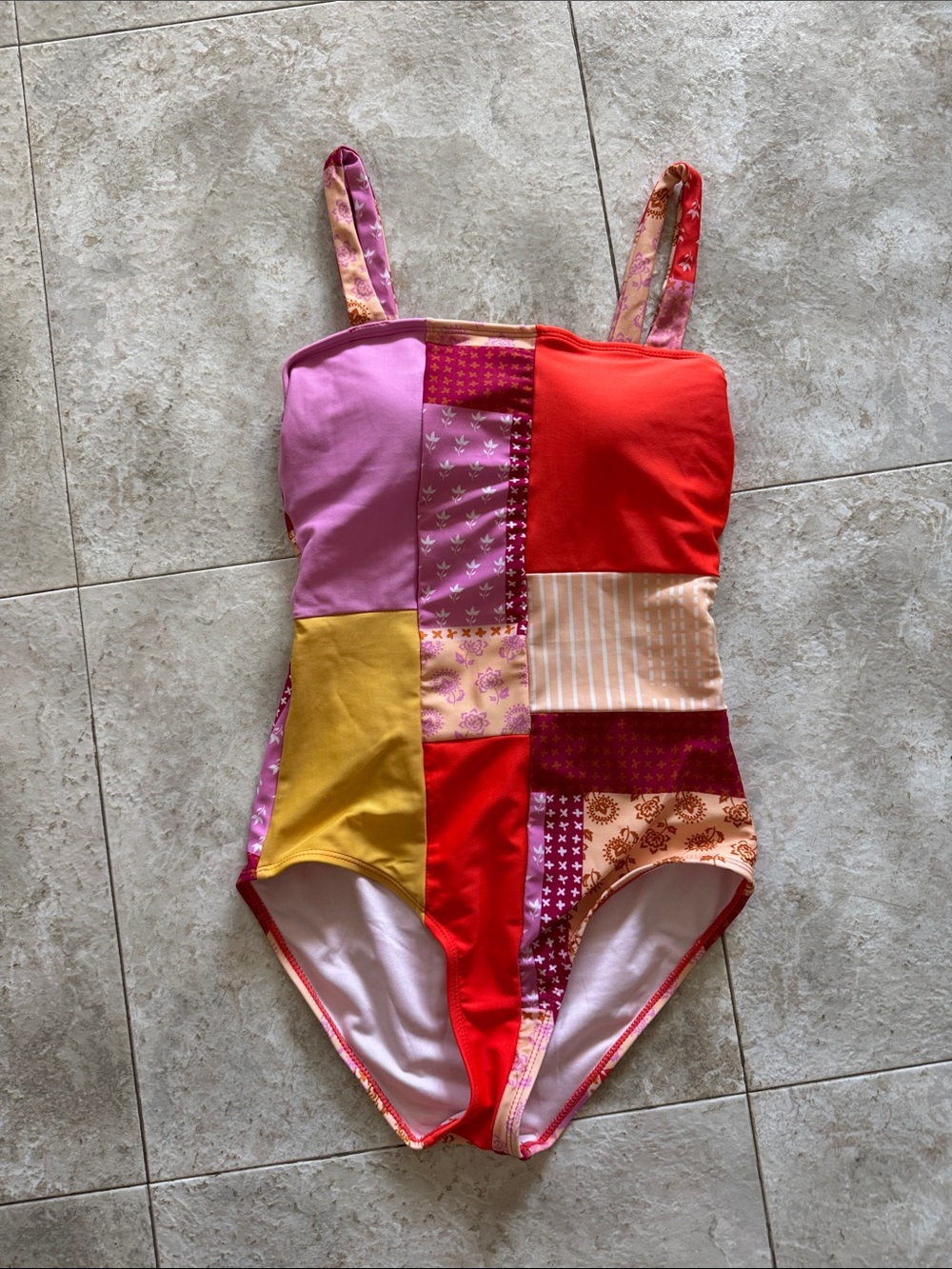 Modest Patchwork One-Piece Swimsuit in Pink, Red and Yellow